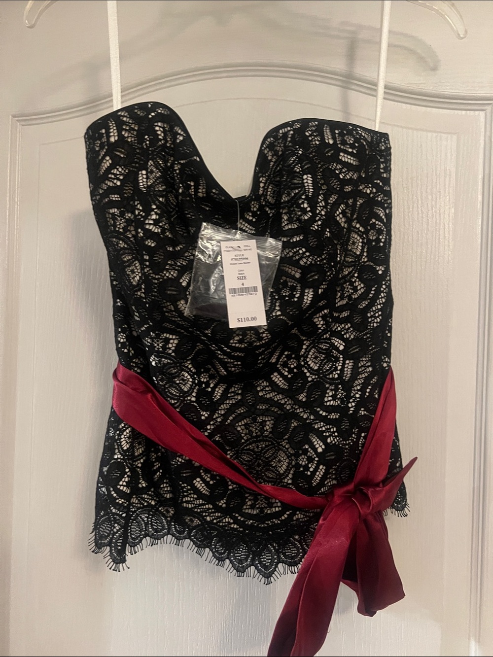 Boston Proper Black Lace Strapless Bustier with Wine Satin Sash